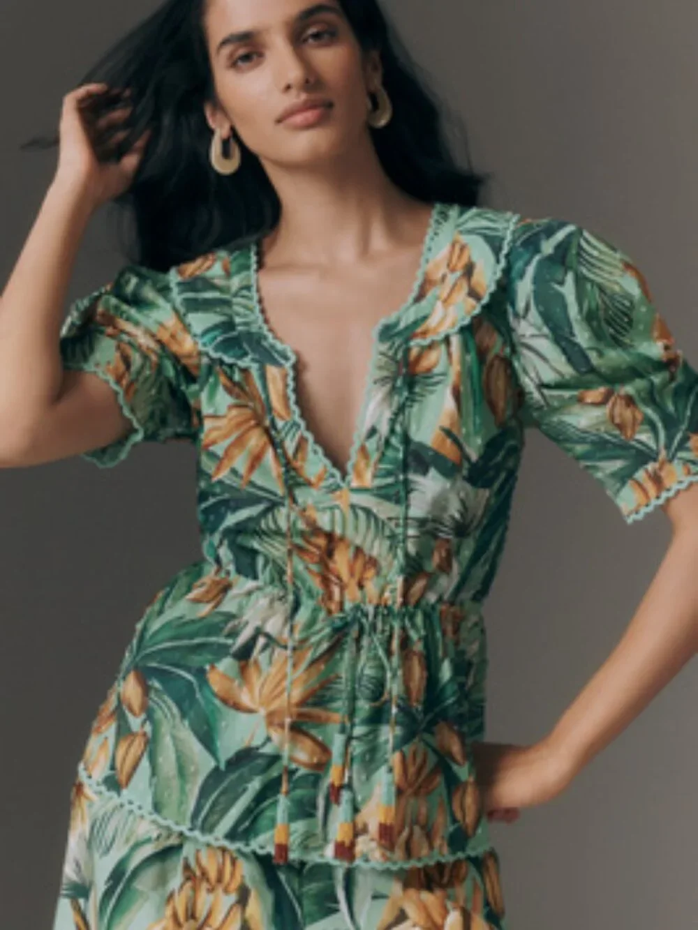 Farm Rio Anthropologie Puff-Sleeve Babydoll Blouse in Green Pattern Sz XS NWT